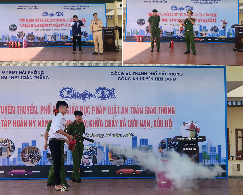 Công an huyện Tiên Lãng tuyên truyền Chuyên đề tuyên truyên, phổ biến giáo dục pháp luật ATGT , tập huấn kỹ năng PCCC và CNCH tại Trường THPT Toàn Thắng 